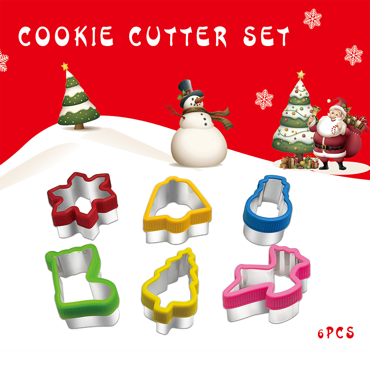 Kitchen Baking Set - ชุดการ์ด6ชิ้นสำหรับตัดคุกกี้คริสต์มาส, กระดิ่ง, เกล็ดหิมะ, ถุงเท้า, กวางเรนเดียร์, ตุ๊กตาหิมะ,