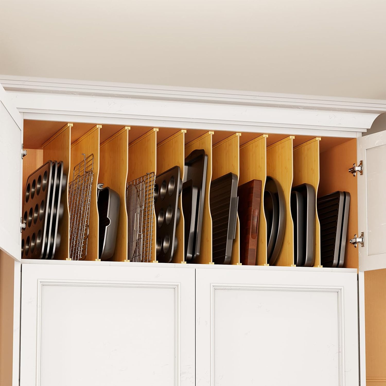 Kitchen Baking Organization - ชุด 10 ชิ้น แผ่นแบ่งถาดไม้ไผ่สำหรับตู้ครัว, ที่จัดระเบียบถาดอบและถาดคุกกี้แบบแนวตั้ง, ตัวแบ่งสำหรับจัดเก็บอุปกรณ์อบขนมในตู้และห้องเก็บของ